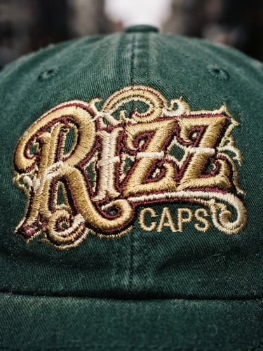 Close-up of Rizz Caps embroidery details, direct flash lighting, rich saturated dark green fabric texture, raw streetwear photography.