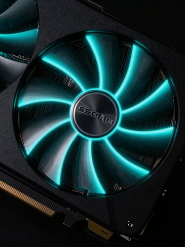 Extreme macro close-up of a consumer GPU rig, glowing graphics card with electric cyan neon highlights, dark background, sharp focus, 35mm lens