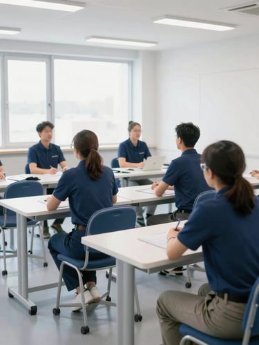 Medium wide environmental shot of a professional training workshop, bright natural daylight, clean and non-cluttered workspace, deep blue accent tones