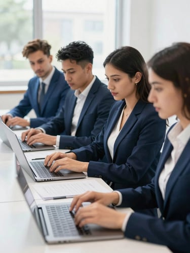 A bright professional classroom setting with adult students collaborating on laptops, natural daylight, deep blue accents, sharp focus, 35mm lens