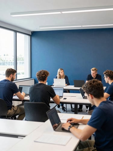 Wide environmental shot of a modern collaborative workshop, professional training environment, bright daylight, sharp focus