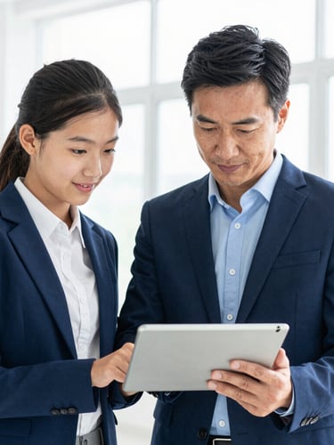 Bright professional editorial portrait of a mentor guiding a student over a tablet, natural daylight, deep blue tones, sharp focus, 35mm lens