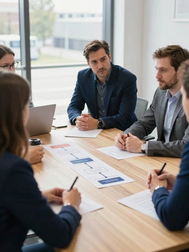 Bright, natural daylight professional editorial photography of a modern collaborative workspace, people discussing structured learning pathways around a wooden table, 35mm lens, sharp focus