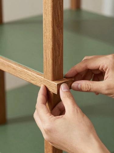Close-up of a sturdy wooden joint on a multi-functional shelf, hands gently guiding the pieces together, soft natural daylight