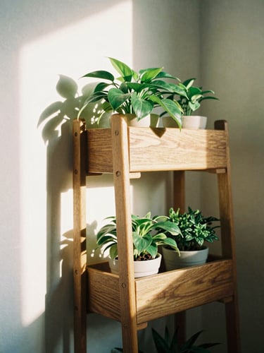 A beautiful wooden utility rack holding plants in a sunlit apartment corner, warm afternoon shadows on the wall, 35mm photography