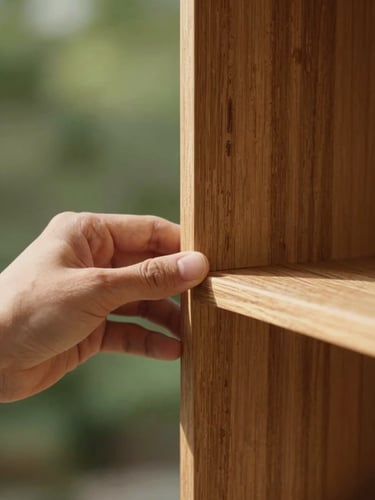 Close-up of hands easily sliding a wooden shelf joint into place, warm natural afternoon light, rich brown texture, shallow depth of field