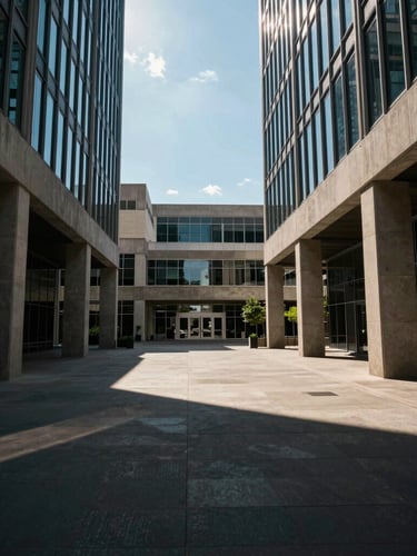 Wide-angle architectural view of modern Texas metro concrete and glass structures, sharp low-sun casting long geometric shadows, high contrast natural light, deep shadows.