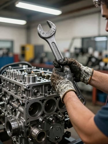 Close-up of a technician's hands working on a heavy diesel engine component at Ipanema Auto Center, grease-stained gloves gripping a large wrench, authentic workshop lighting from overhead fluorescents, engine block in sharp focus, blurred bay background with other heavy equipment visible