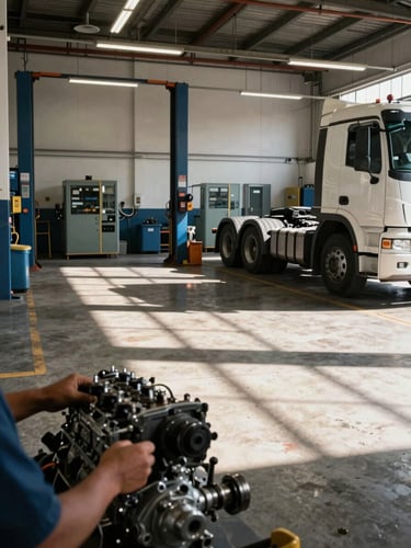 Wide panoramic view from inside a large diesel service bay at Ipanema, heavy truck partially visible on the right third, workshop lighting casting hard parallel shadows across the concrete floor, technician hands visible adjusting an engine component in the near foreground, industrial equipment lining the background walls, authentic working environment, no staging