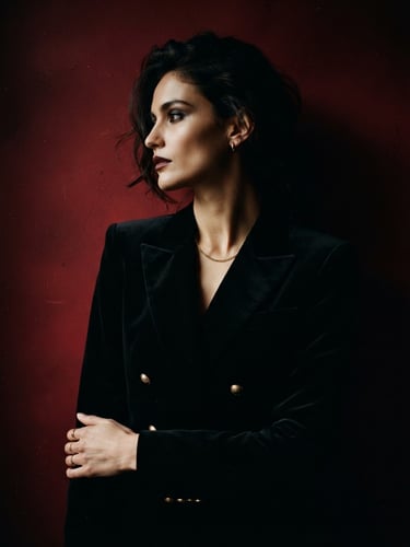 dark editorial fashion photography, low-key chiaroscuro lighting, a model in a structured black velvet blazer looking elegantly away, deep cherry red background tones, 35mm