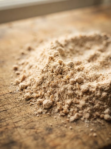 Macro shot of warm, textured stone-ground wheat flour on a wooden board, soft kitchen window light, 35mm.