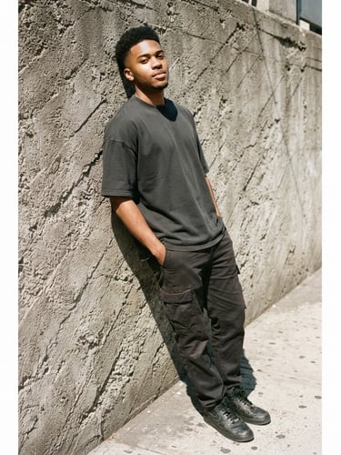 Low-angle street fashion shot of a model leaning against a concrete wall, wearing a heavy-weight off-black t-shirt showing a dropped shoulder fit, direct harsh sunlight, sharp shadows, 35mm film grain.