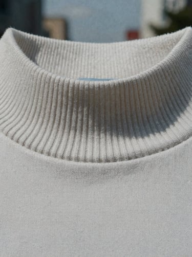 Macro close-up of heavy organic cotton fabric grain and thick ribbed collar, raw texture detail, cool overcast natural daylight.