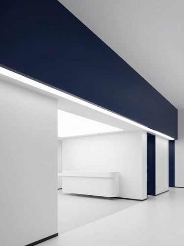 Sleek modern dental clinic interior with architectural lighting, clean minimalist white and deep navy tones, straight lines