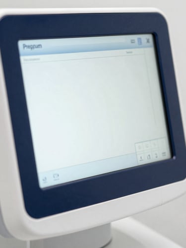 Macro close-up of a premium medical device screen showing clean data visualization, bright diffused studio lighting, shallow depth of field.