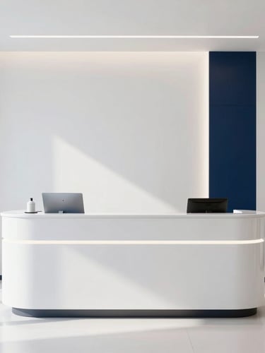 Straight-on architectural shot of a minimalist, high-end dental clinic reception in Doha, bright diffused daylight, soft shadows, pristine white surfaces with deep navy accents, ultra-premium medical aesthetic.