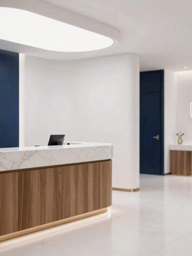 Sleek architectural shot of an empty high-end dental clinic lobby in Doha, diffused minimalist daylight, warm wood and marble accents, shallow depth of field