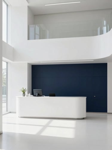 Sleek architectural shot of a minimalist luxury clinic lobby with diffused daylight, soft shadows, and clean white surfaces, 21:9 cinematic aspect.
