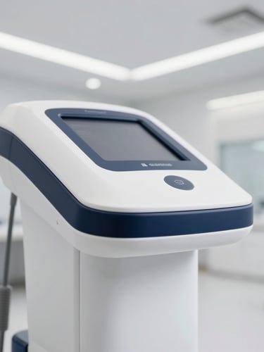 Macro shot of a premium medical device, sleek clinic interior with architectural lighting, bright daylight, shallow depth of field