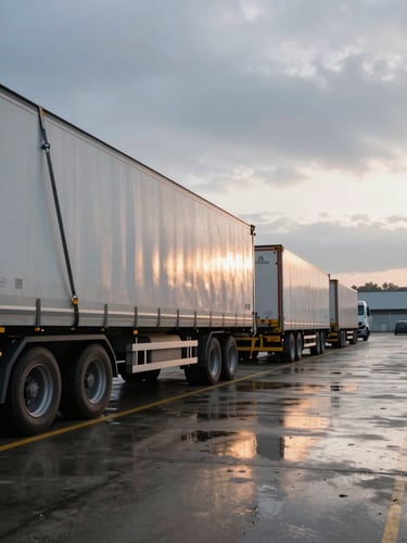Wide shot of a logistics hub terminal at dawn, overcast European sky, wet concrete reflecting cold morning light, cargo securing straps visible on parked trailers.