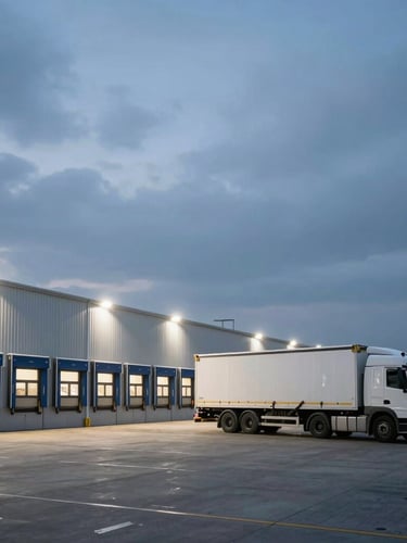 Wide environmental shot of a European logistics hub at dawn, cold overcast sky, loading docks illuminated by stark white lights, a cargo truck positioned on the right with tension straps visible.
