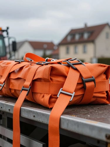 Close-up of heavy-duty orange cargo securing straps under high tension on a flatbed trailer, overcast European winter sky, sharp industrial focus.