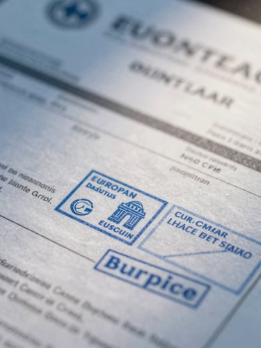 Macro close-up of European customs transit documents under cold morning light, focus on official stamps and technical freight paperwork.