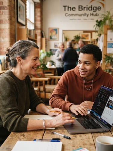 Medium documentary shot of a mentor and a young adult working together on a laptop in a warm, naturally lit community center, rich earthy tones, authentic eye contact.