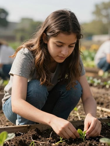 Focused portrait of a young woman, a scholarship recipient, engaging in a community garden project, natural morning light, rich earthy tones, medium depth of field, authentic documentary style.