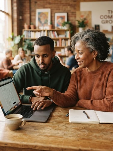 Warm editorial photograph of an experienced mentor and a young mentee collaborating over a laptop in a sunlit community center, natural morning light, rich earthy tones, medium depth of field, authentic documentary style.