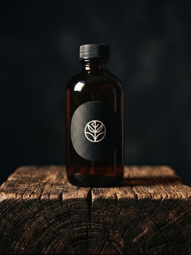 A clean, centered product portrait of a dark amber glass bottle with a minimal, high-contrast label, resting on a rich oak block. Dramatic, low-key side lighting from the left casts deep shadows across the wood grain.