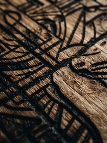 Extreme close-up of high-contrast laser-engraved Baltic birch wood grain, deep charred valleys, dramatic side lighting, macro lens, 35mm
