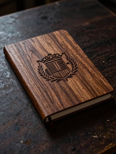 A beautifully finished wooden guest book lying on a dark workshop table, light catching the deep laser-engraved family crest, moody shadows, 35mm photography