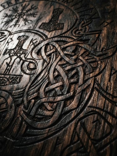 Extreme close-up of a dark laser-engraved wooden wedding plaque, displaying intricate Norse knotwork and elegant typography, dramatic side lighting, rich oak textures, macro lens