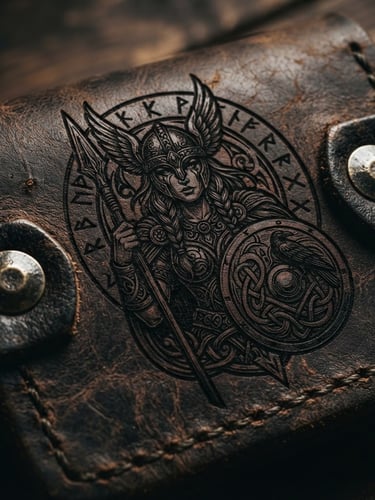 Extreme macro shot of thick, dark oil-tanned leather, deep precision laser engraving of a Viking Valkyrie motif, heavy brass rivets, dramatic side lighting, rich textures