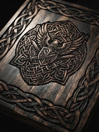 Macro close-up of a laser-engraved military plaque on dark Baltic birch, showing high-contrast side lighting, deep charred grooves, and sharp geometric Norse knotwork borders, 35mm