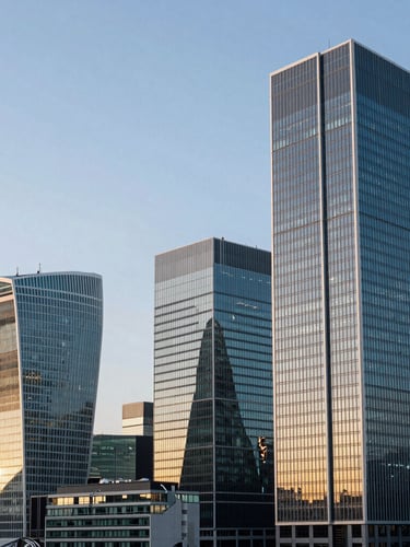 Wide architectural shot of a modern European financial district at morning light, clean glass facades reflecting a soft blue sky, ample negative space on the left.