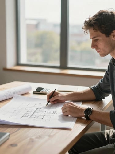 Vue de profil de mains d'un entrepreneur examinant des plans d'architecte sur un bureau en bois clair, éclairé par la lumière naturelle du matin à travers une grande fenêtre.