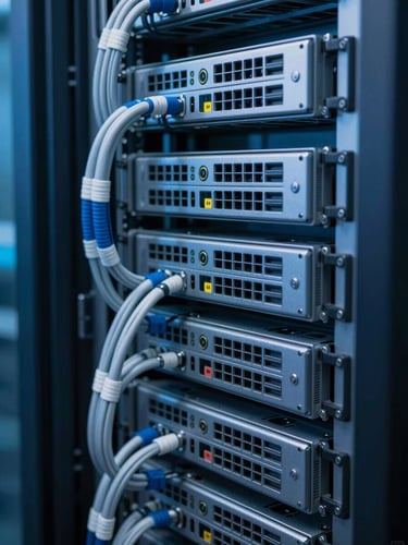A macro photograph of high-performance server racks in a secure data center, cool blue ambient lighting, clean cable management, sharp focus, technical depth.