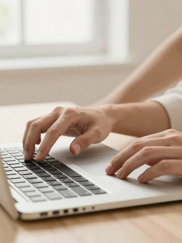 Close-up of friendly hands guiding another hand on a laptop trackpad, soft natural window light, warm cream tones, highly detailed