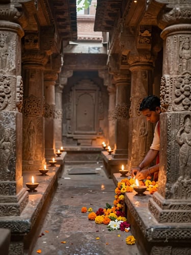 Inside a narrow temple corridor in Varanasi, warm oil-lamp light illuminating carved sandstone walls, a pilgrim's hands placing marigold offerings on a stone threshold, diffused natural light filtering from above