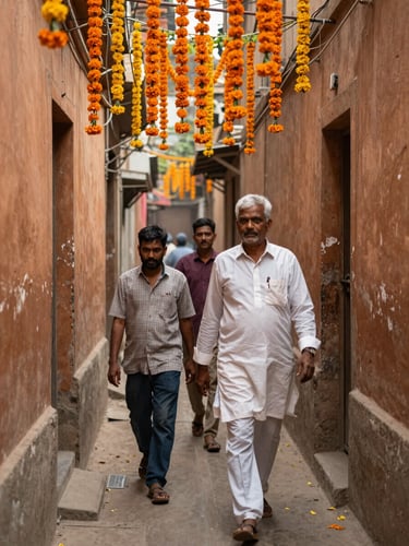 Documentary-style shot inside a narrow Varanasi street, a local guide walking ahead of two visitors through a lane flanked by old ochre walls and hanging marigolds, natural diffused daylight, environmental depth