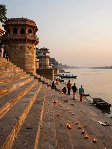 Wide environmental shot from an elevated ghat in Varanasi at golden hour — stone steps descending to the Ganga, a handful of pilgrims in the middle distance facing the river, oil-lamp offerings glowing in the foreground, warm amber light raking across the carved stone, open sky above