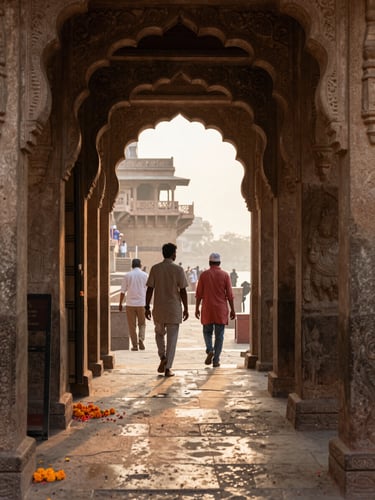 Narrow temple corridor in Varanasi old city at dawn — a local guide walking ahead of two visitors through carved sandstone archways, warm diffused morning light filtering from a courtyard beyond, stone floor worn smooth, marigold petals scattered near a doorway
