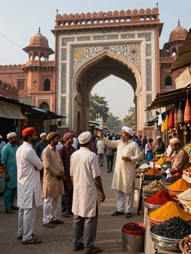 Wide environmental shot of a heritage tour group at a Lucknow bazaar street, a local guide gesturing toward an ornate Nawabi archway, vendors and spice stalls visible in warm afternoon light, documentary framing