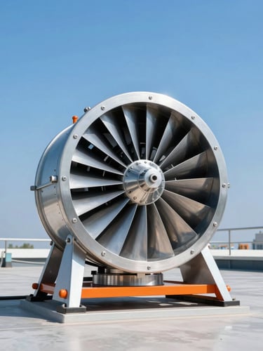 Straight-on technical shot of a stainless steel turbine ventilator spinning on a factory roof, bright blue sky background, clean industrial photography, sharp focus, high contrast.