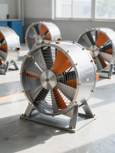 Industrial studio photography of heavy-duty industrial fans on a clean factory floor, bright crisp natural daylight, metallic silver and safety orange accents, sharp focus, 50mm lens