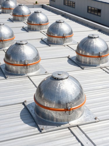 Low angle shot of modern industrial factory roof with multiple heavy-duty steel roof ventilators installed, bright daylight, metallic textures, sharp focus, 50mm lens