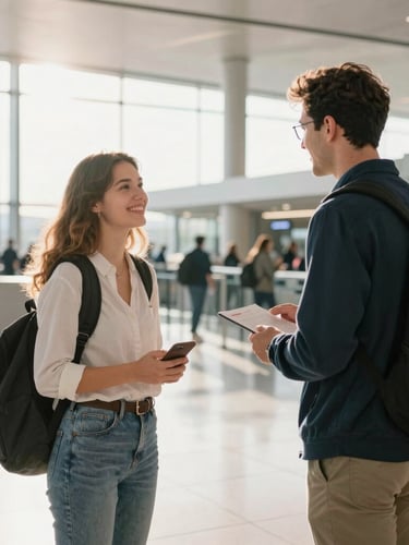 Bright editorial portrait of a student being greeted by a local coordinator at a modern European airport arrival terminal, warm natural light, 35mm