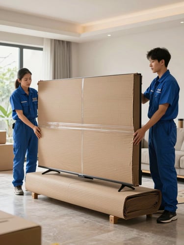 A professional packing crew in clean blue uniforms wrapping a large television in thick double-layer corrugated sheets inside a well-lit Vapi residence, daytime.